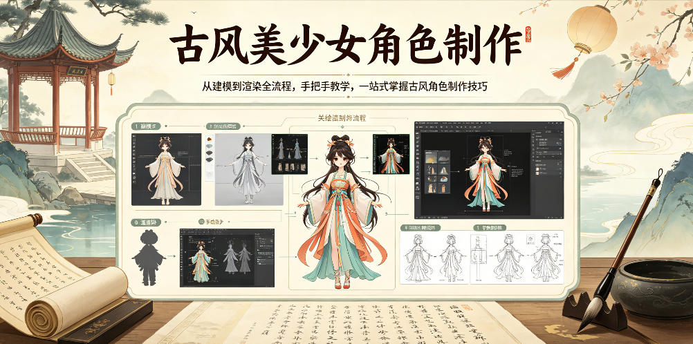 古风美少女角色制作，从建模到渲染全流程，手把手教学，一站式掌握古风角色制作技巧-超级会员网