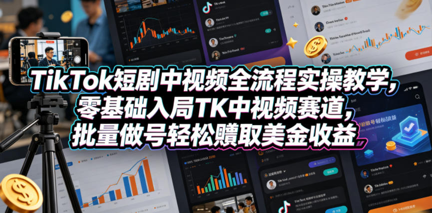 TikTok短剧中视频全流程实操教学，零基础入局TK中视频赛道，批量做号轻松賺取美金收益-超级会员网
