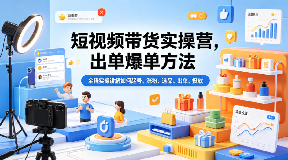 短视频带货实操营，出单爆单方法，全程实操讲解如何起号、涨粉、选品、出单、投放(更新0515)-超级会员网