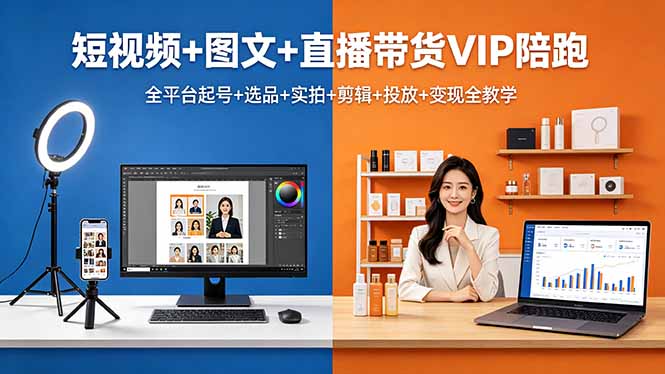 短视频+图文+直播带货VIP陪跑，全平台起号+选品+实拍+剪辑+投放+变现全教学-超级会员网