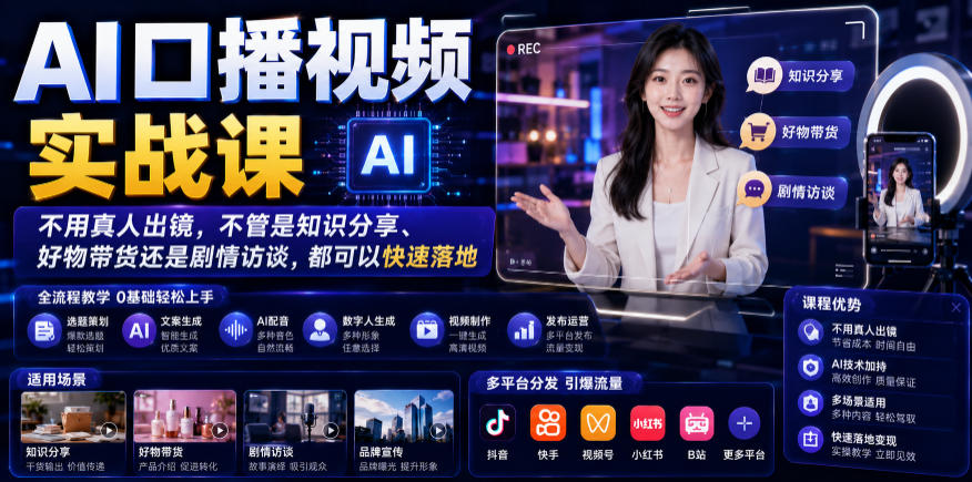 AI口播视频实战课，不用真人出镜，不管是知识分享、好物带货还是剧情访谈，都可以快速落地-超级会员网