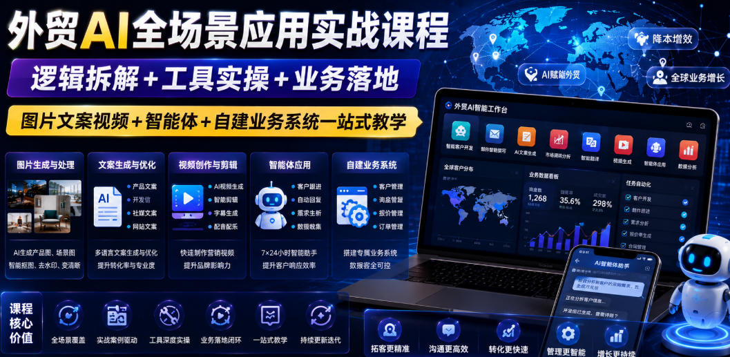 外贸AI全场景应用实战课程｜逻辑拆解+工具实操+业务落地，图片文案视频+智能体+自建业务系统一站式教学-超级会员网