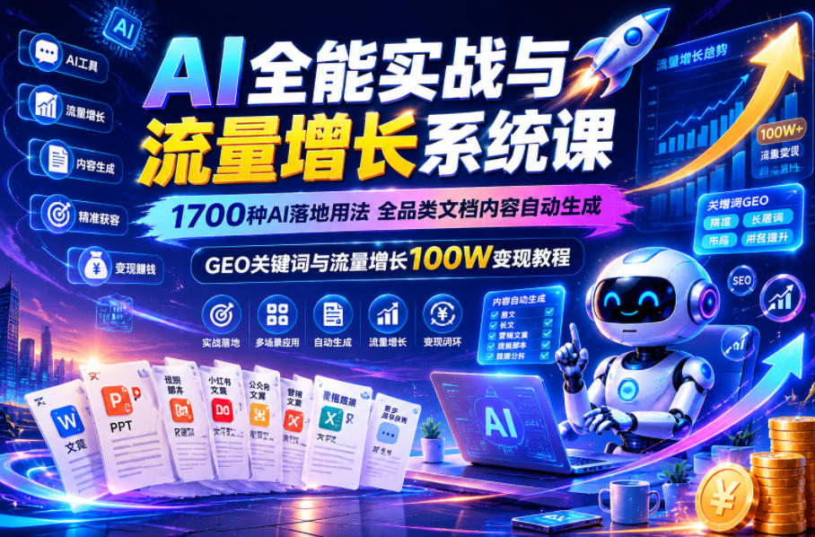 AI全能实战与流量增长系统课，1700种AI落地用法，全品类文档内容自动生成，GEO关键词与流量增长100W变现教程-超级会员网