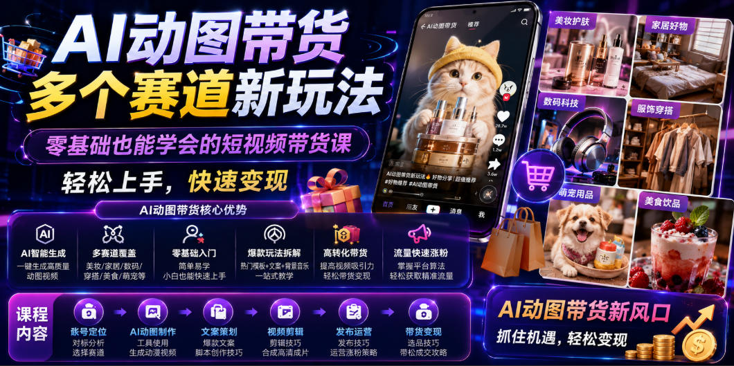 AI动图带货多个赛道新玩法，零基础也能学会的短视频带货课，轻松上手，快速变现-超级会员网