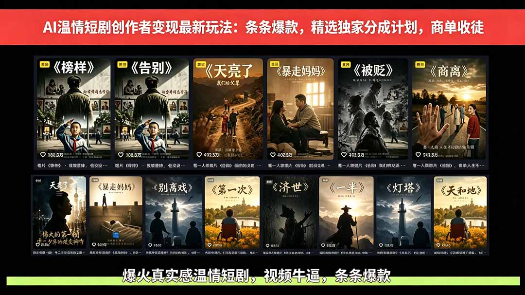 AI温情短剧创作者变现最新玩法：视频牛逼，条条爆款，精选独家分成计划，商单收徒-超级会员网