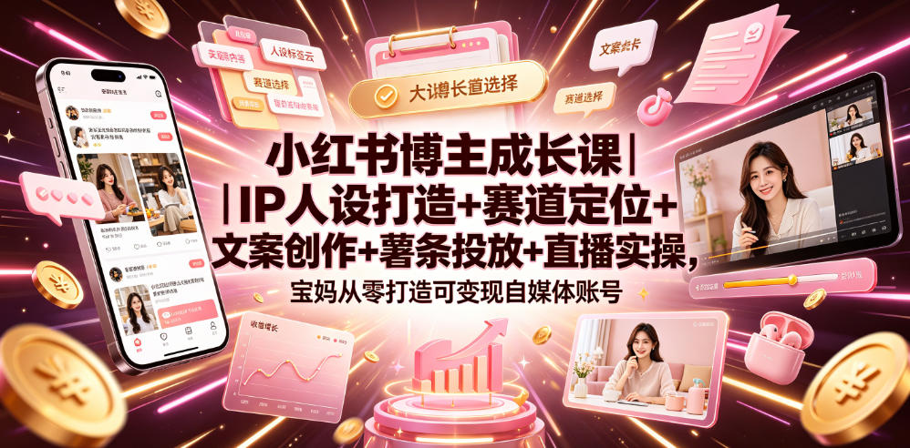 小红书博主成长课｜IP人设打造+赛道定位+文案创作+薯条投放+直播实操，宝妈从零打造可变现自媒体账号-超级会员网