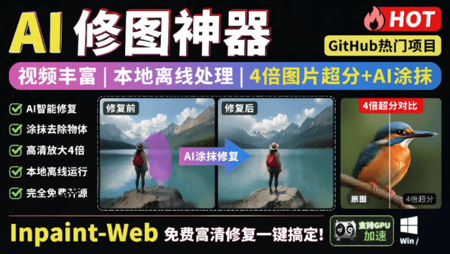 本地离线处理，4倍图片超分+AI涂抹去水印！Github上热门神器，免费高清修复图一键搞定！Inpaint-Web-超级会员网