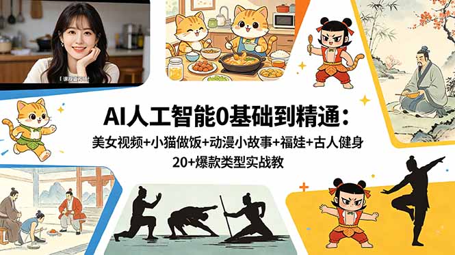 AI人工智能0基础到精通：美女视频+小猫做饭+动漫小故事+福娃+古人健身，20+爆款类型实战教学-超级会员网