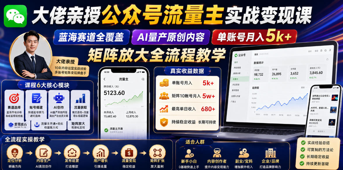 大佬亲授公众号流量主实战变现课，蓝海赛道全覆盖，AI量产原创内容，单账号月入5k+矩阵放大全流程教学-超级会员网