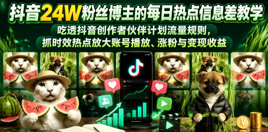 抖音24W粉丝博主的每日热点信息差教学，吃透创作者伙伴计划流量规则，抓时效热点放大账号播放、涨粉与变现收益(更新)-超级会员网