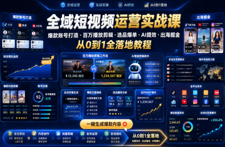 全域短视频运营实战课,爆款账号打造・百万播放剪辑・选品爆单・AI提效・出海掘金,从0到1全落地教程-超级会员网
