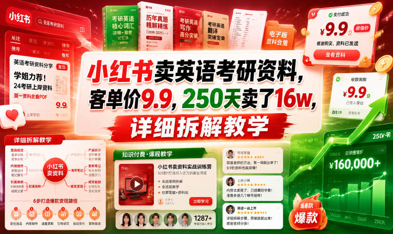 小红书卖英语考研资料，客单价9.9，250天卖了16w，详细拆解教学-超级会员网