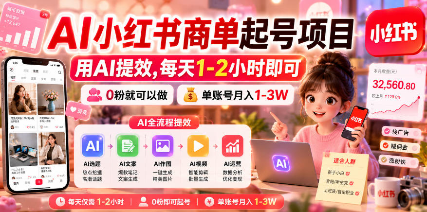 AI小红书商单起号项目，用AI提效,每天1-2小时即可，0粉就可以做，单账号月入1-3W-超级会员网