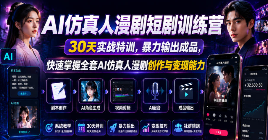 AI仿真人漫剧短剧训练营，30天实战特训，暴力输出成品，快速掌握全套AI仿真人漫剧创作与变现能力-超级会员网