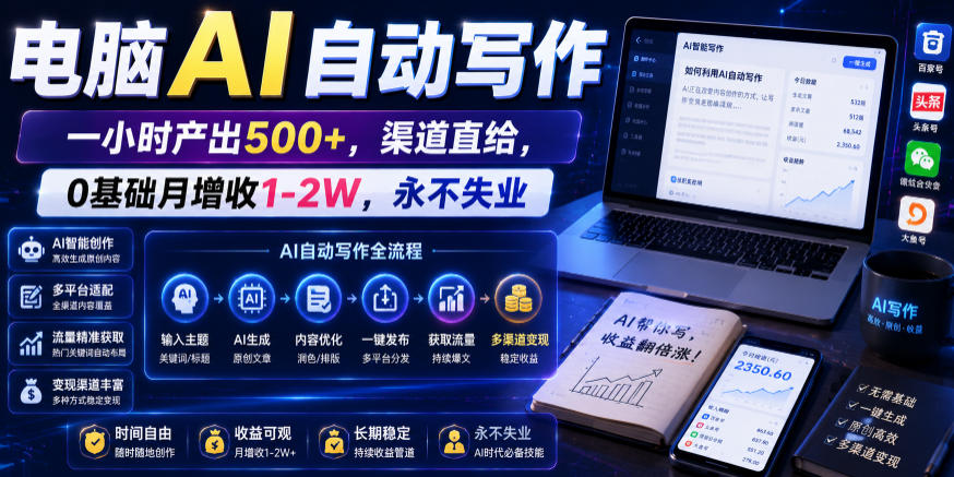电脑AI自动写作，一小时产出500+，渠道直给，0基础月增收1-2W，永不失业【揭秘】-超级会员网