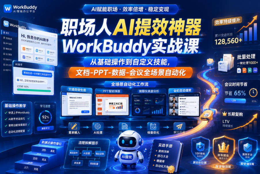 职场人AI提效神器WorkBuddy实战课，从基础操作到自定义技能，文档-PPT-数据-会议全场景自动化-超级会员网