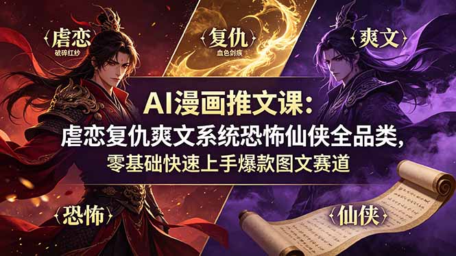 AI漫画推文课：虐恋复仇爽文系统恐怖仙侠全品类，零基础快速上手爆款图文赛道-超级会员网