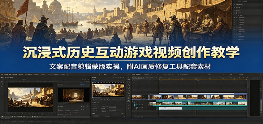 沉浸式历史互动游戏视频创作教学：文案配音剪辑蒙版实操，附AI画质修复工具配套素材-超级会员网