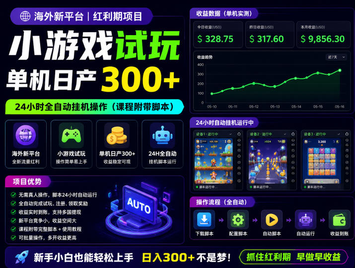 海外新平台，小游戏试玩，单机日产300+，24小时全自动挂G操作(课程附带脚本)【揭秘】-超级会员网
