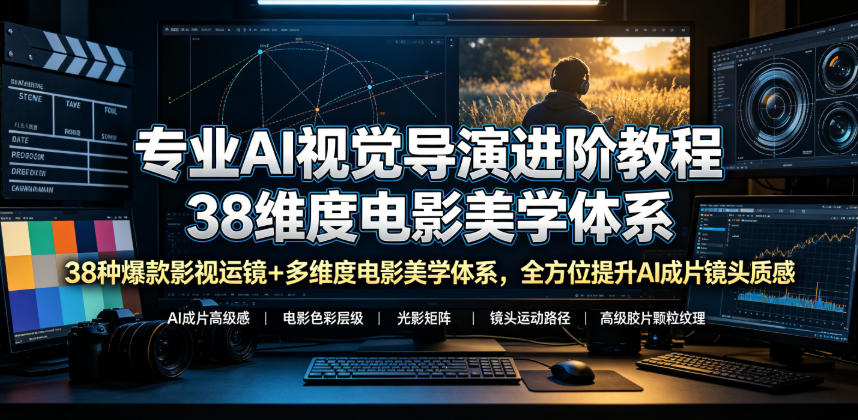 专业AI视觉导演进阶教程，38种爆款影视运镜+多维度电影美学体系，全方位提升AI成片高级感与镜头质感-超级会员网