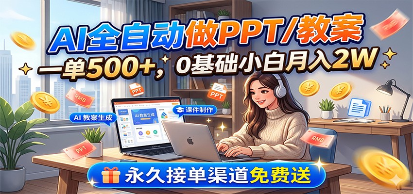 AI全自动做PPT/教案，一单500+，0基础小白月入2W，永久接单渠道免费送-超级会员网