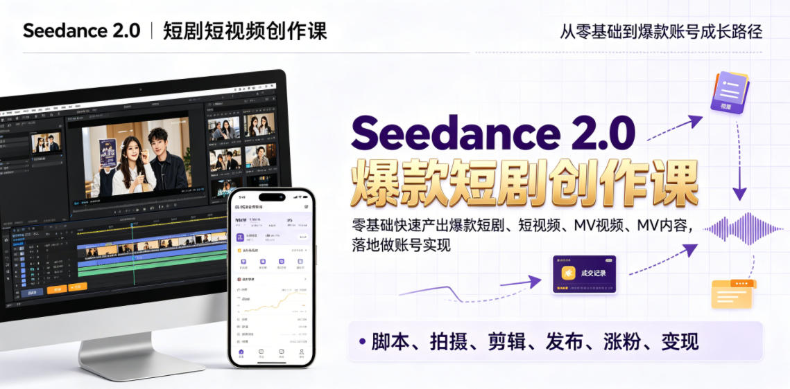 Seedance 2.0短剧短视频创作课，零基础快速产出爆款短剧、短视频、MV内容，落地做账号实现变现-超级会员网