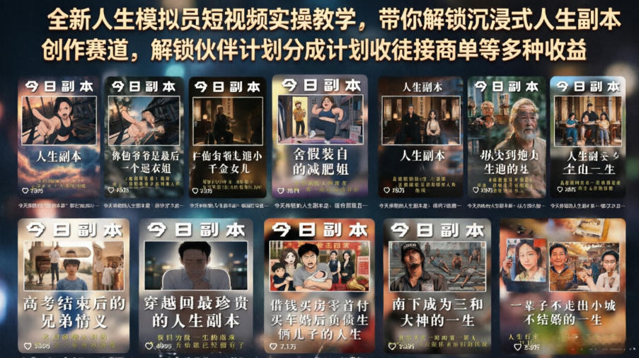 全新人生模拟员短视频实操教学，带你解锁沉浸式人生副本创作赛道，解锁伙伴计划分成计划收徒接商单等多种收益-超级会员网