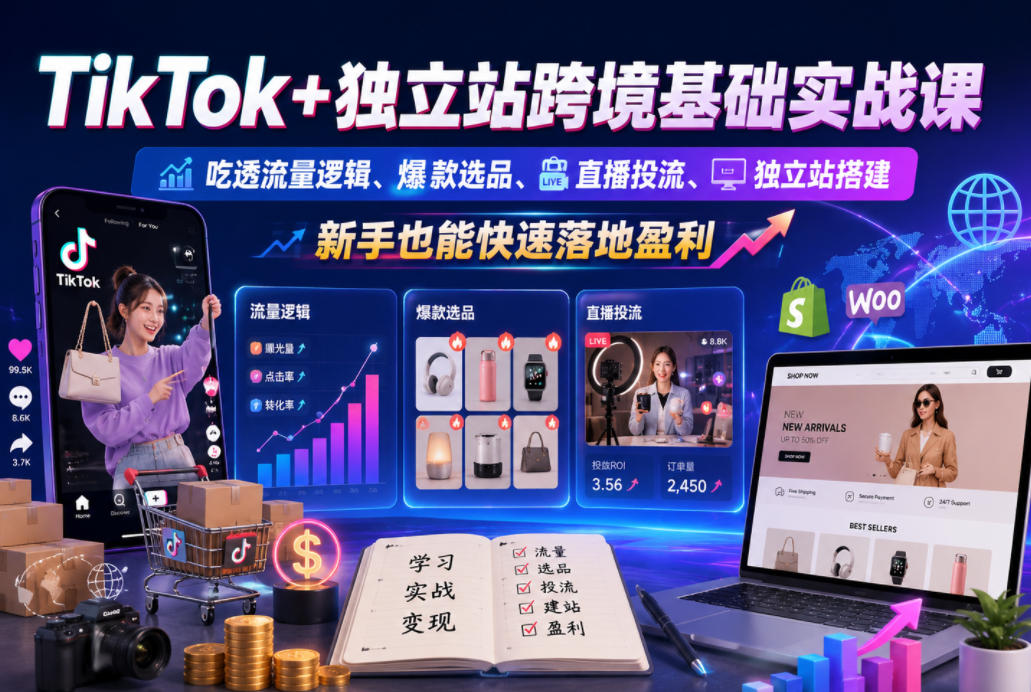 TikTok+独立站跨境基础实战课，吃透流量逻辑、爆款选品、直播投流与独立站搭建，新手也能快速落地盈利-超级会员网