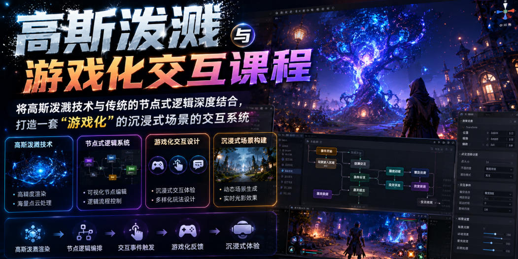 高斯泼溅与游戏化交互课程，将高斯泼溅技术与传统的节点式逻辑深度结合，打造一套“游戏化”的沉浸式场景的交互系统-超级会员网