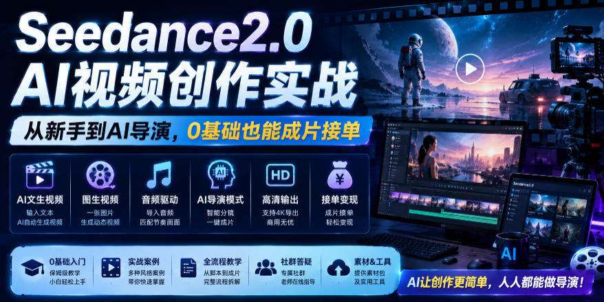 Seedance2.0 AI视频创作实战，从新手到AI导演，0基础也能成片接单变现-超级会员网