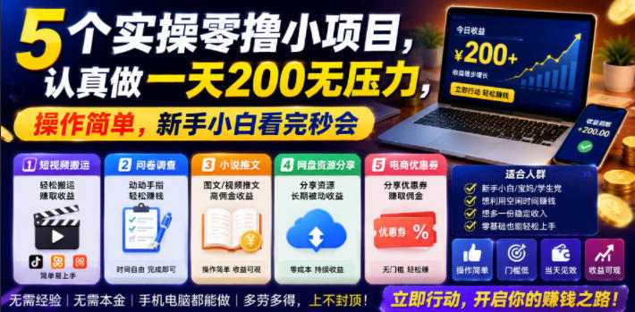 5个实操零撸小项目，认真做一天200无压力，操作简单，新手小白看完秒会【揭秘】-超级会员网