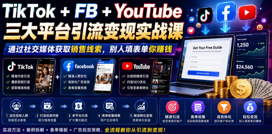 TikTok+FB+YouTube三大平台引流变现实战课，通过社交媒体获取销售线索，别人填表单你賺钱【原创双语字幕】-超级会员网