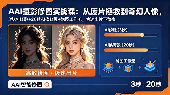 AI摄影修图实战课：从废片拯救 到 奇幻人像，3秒AI修脸+20秒AI换背景+跑图工作流，快速出片不熬夜-超级会员网