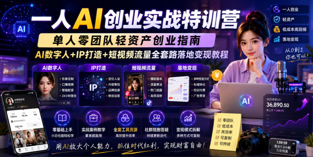 一人AI创业实战特训营，单人零团队轻资产创业指南，AI数字人+IP打造+短视频流量全套路落地变现教程-超级会员网
