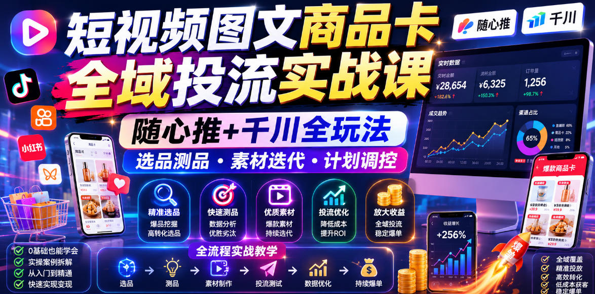 短视频图文商品卡全域投流实战课,随心推+千川全玩法,选品测品・素材迭代・计划调控,提升ROI爆单增收教程-超级会员网