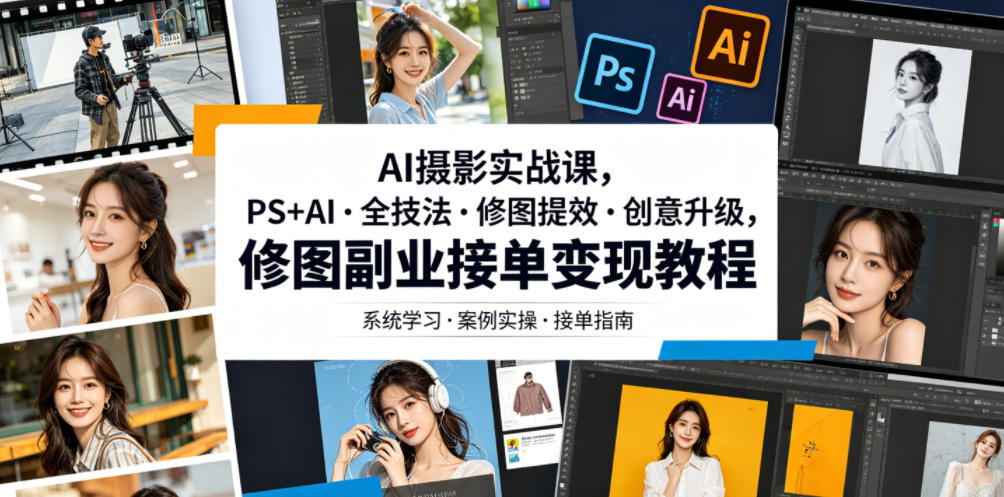 AI摄影实战课，PS+AI・全技法・修图提效・创意升级，修图副业接单变现教程-超级会员网