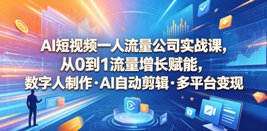 AI短视频一人流量公司实战课，从0到1流量增长赋能，数字人制作・AI自动剪辑・多平台变现，一人做流量生意全落地教程-超级会员网