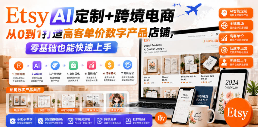 Etsy AI定制+跨境电商，从0到1打造高客单价数字产品店铺，零基础也能快速上手-超级会员网