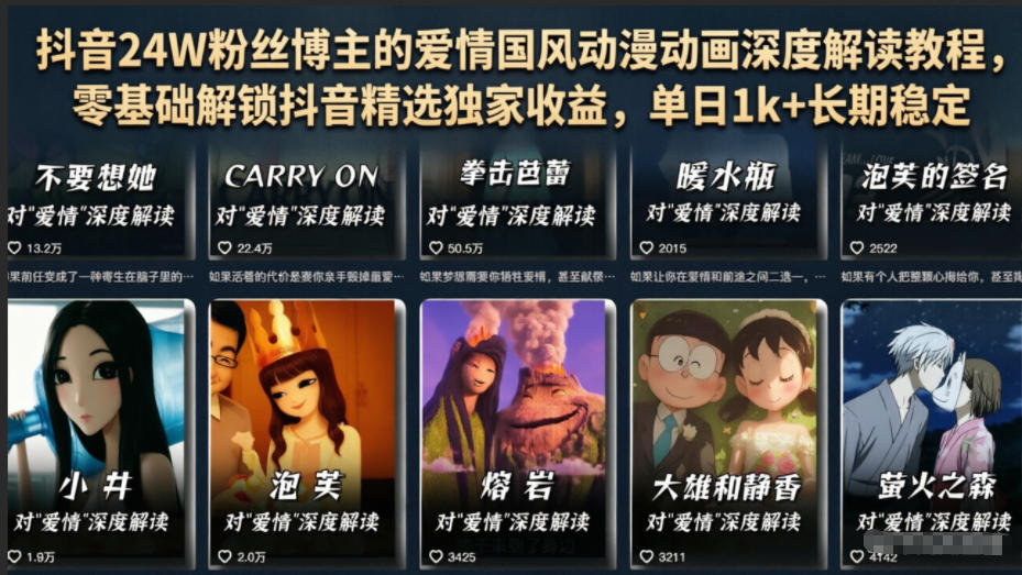 抖音24W粉丝博主的爱情国风动漫动画深度解读教程，零基础解锁抖音精选独家收益，单日1k+长期稳定-超级会员网