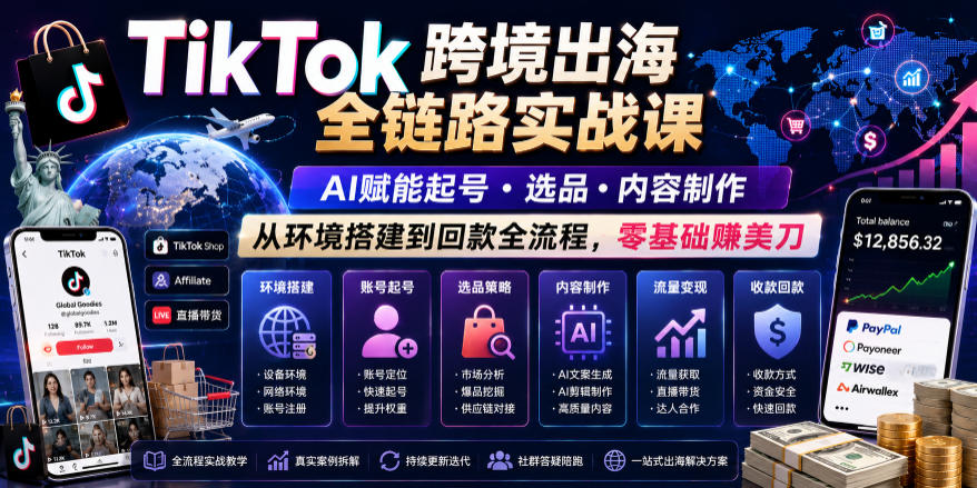 TikTok跨境出海全链路实战课，AI赋能起号・选品・内容制作，从环境搭建到回款全流程，零基础賺美刀-超级会员网