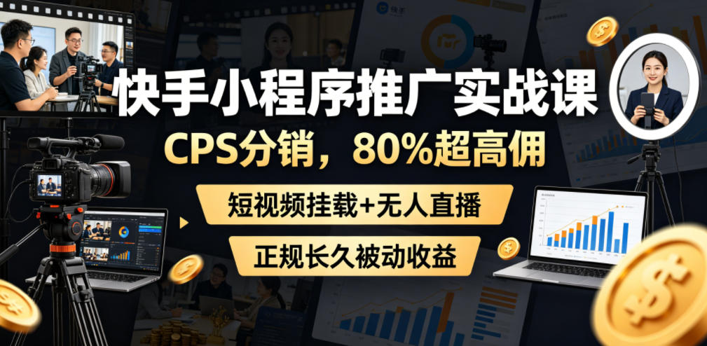 快手小程序推广实战课，CPS分销，80%超高佣，短视频挂载+无人直播，正规长久被动收益-超级会员网