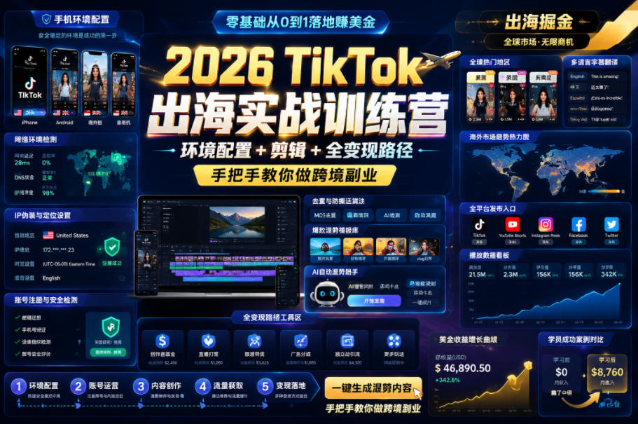 2026 TikTok出海实战训练营，环境配置 + 剪辑 + 全变现路径，手把手教你做跨境副业-超级会员网