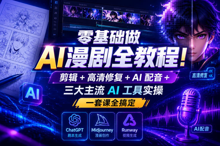 零基础做AI漫剧全教程！剪辑+高清修复+AI配音+三大主流AI工具实操，一套课全搞定-超级会员网