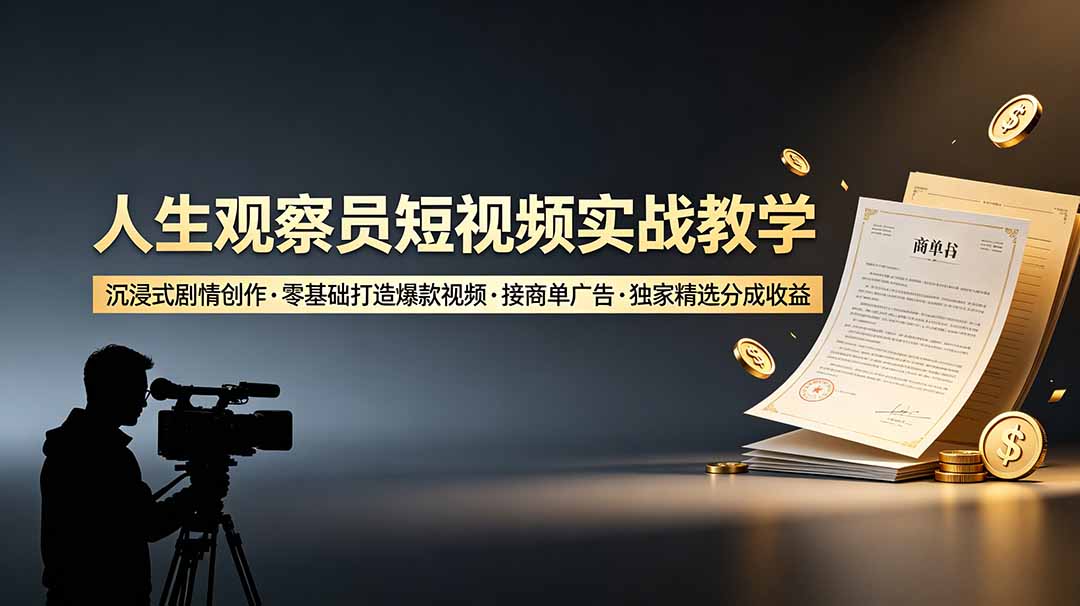 人生观察员短视频实战教学，沉浸式剧情创作，零基础打造爆款视频，接商单广告，独家精选分成收益-超级会员网