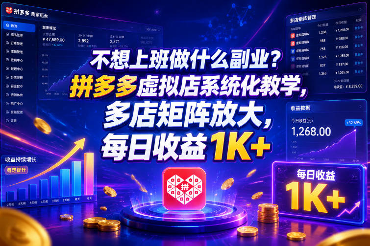 不想上班做什么副业？拼多多虚拟店系统化教学，多店矩阵放大，每日收益1K+【揭秘】-超级会员网