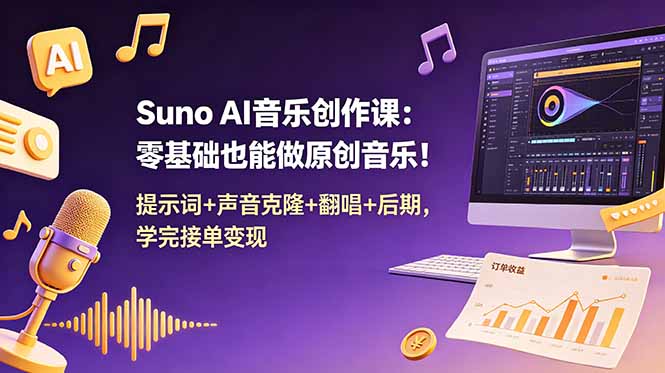 Suno AI音乐创作课：零基础也能做原创音乐！提示词+声音克隆+翻唱+后期，学完接单变现-超级会员网
