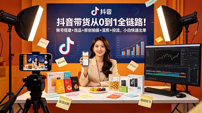 抖音带货从0到1全链路！账号搭建+选品+原创拍摄+混剪+投流，小白快速出单-超级会员网