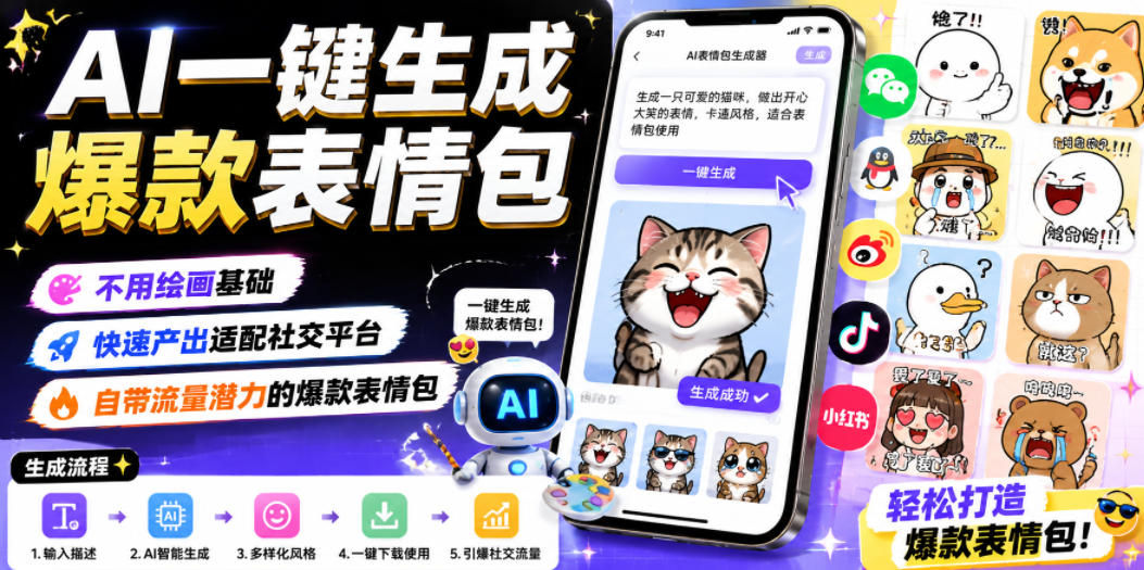 AI一键生成爆款表情包，不用绘画基础，快速产出适配社交平台，自带流量潜力的爆款表情包-超级会员网