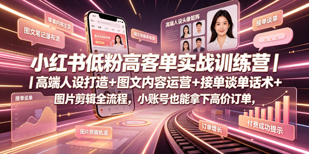小红书低粉高客单实战训练营｜高端人设打造+图文内容运营+接单谈单话术+图片剪辑全流程，小账号也能拿下高价订单-超级会员网
