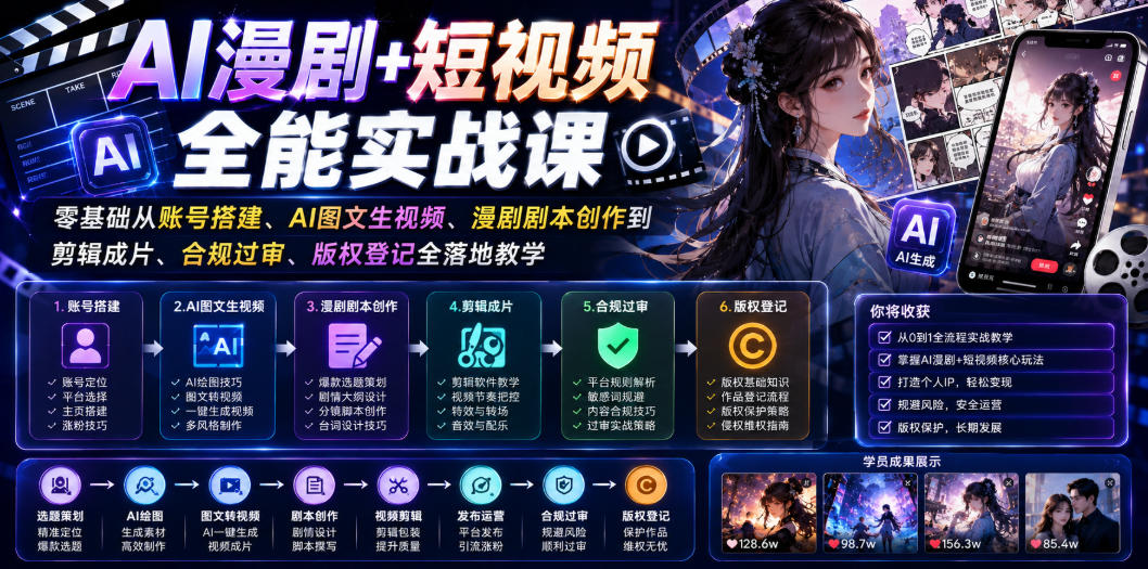 AI漫剧+短视频全能实战课｜零基础从账号搭建、AI图文生视频、漫剧剧本创作到剪辑成片、合规过审、版权登记全落地教学-超级会员网